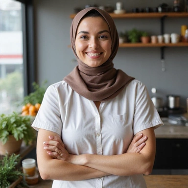 Professional portrait of Aisha Rachman, a friendly and smiling nutritionist.