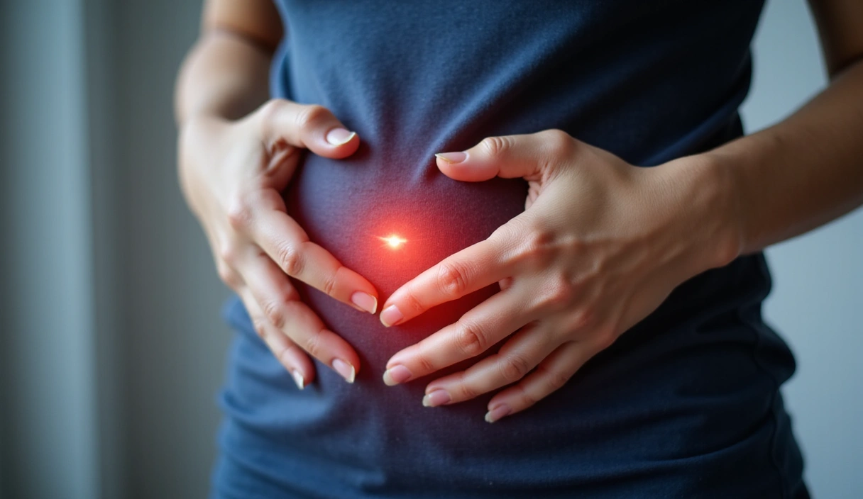 A person holding their stomach, depicting relief from digestive discomfort, with a subtle glow around the gut area, representing health.